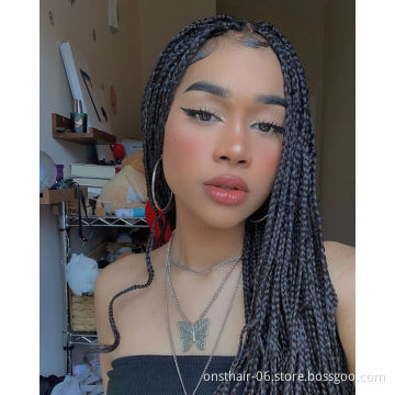 Wholesale Side Part Handmade Braided Box Braids Wig Front Wigs for African Women Cosplay Lace Wig Black Hair Synthetic Lace Long